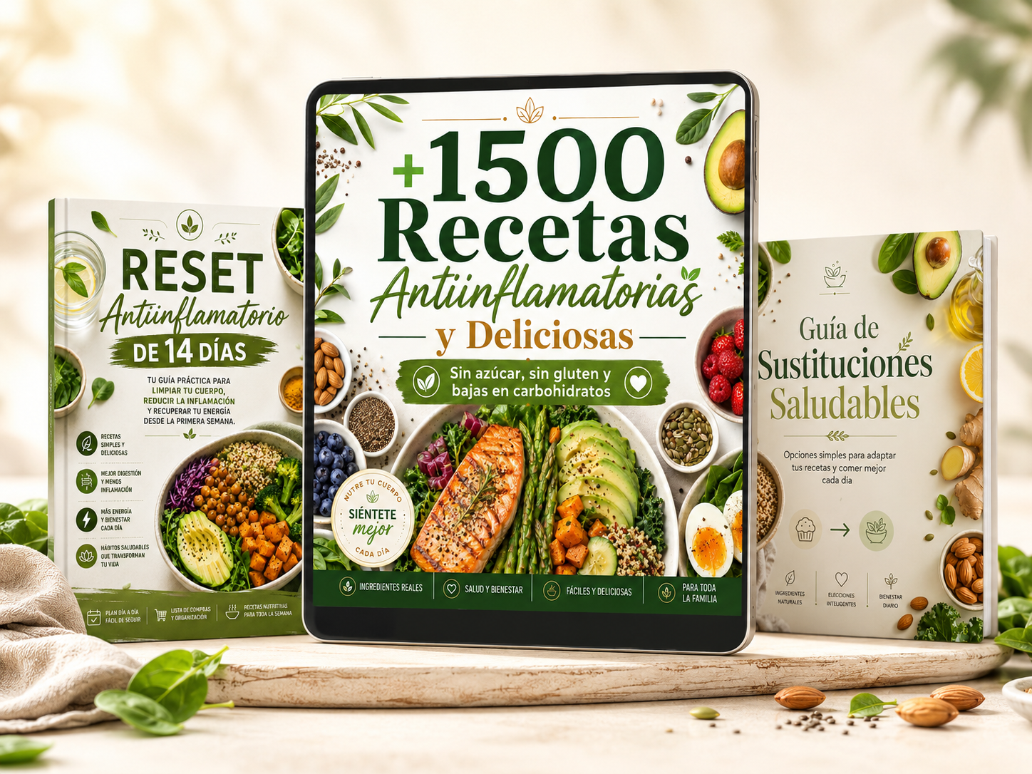 Mockup del recetario digital +1500 Recetas Antiinflamatorias y bonos